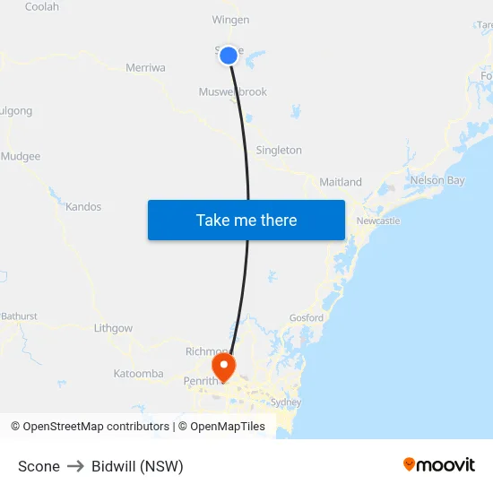Scone to Bidwill (NSW) map