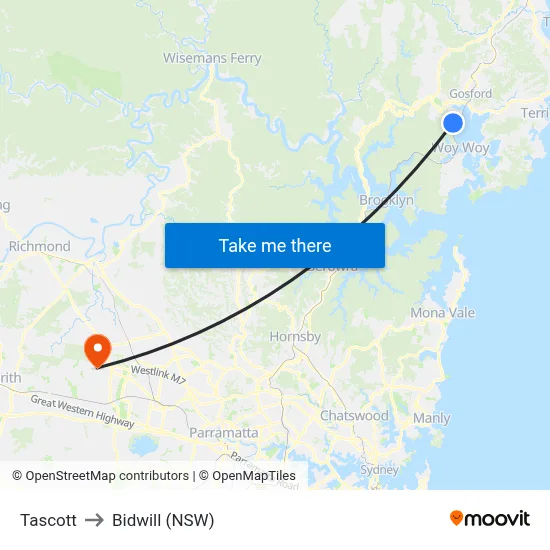 Tascott to Bidwill (NSW) map