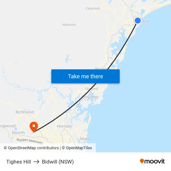 Tighes Hill to Bidwill (NSW) map