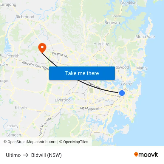 Ultimo to Bidwill (NSW) map