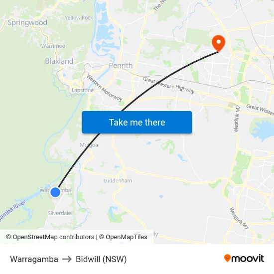 Warragamba to Bidwill (NSW) map