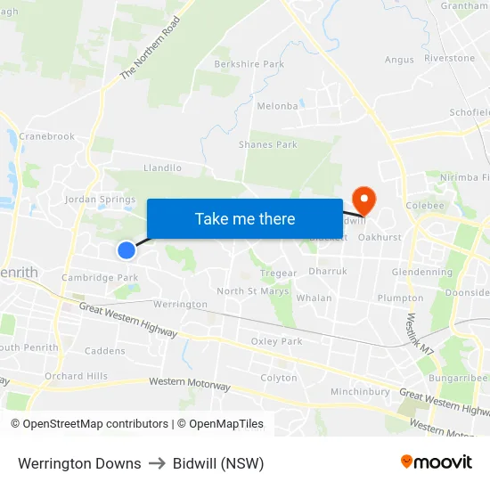 Werrington Downs to Bidwill (NSW) map