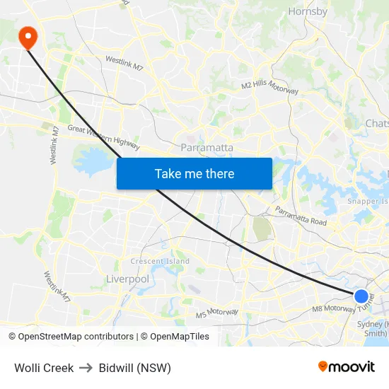 Wolli Creek to Bidwill (NSW) map