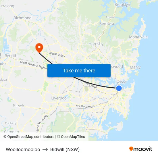 Woolloomooloo to Bidwill (NSW) map