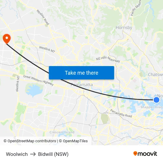 Woolwich to Bidwill (NSW) map