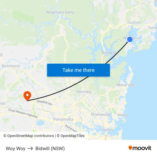 Woy Woy to Bidwill (NSW) map