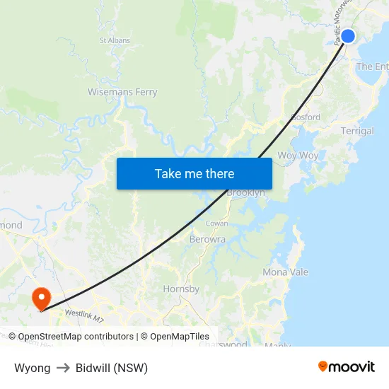 Wyong to Bidwill (NSW) map