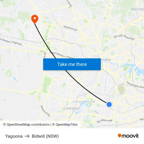 Yagoona to Bidwill (NSW) map