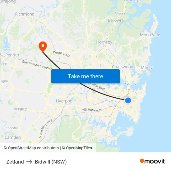 Zetland to Bidwill (NSW) map