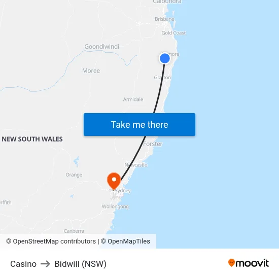 Casino to Bidwill (NSW) map