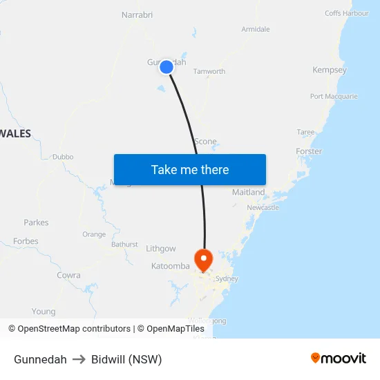 Gunnedah to Bidwill (NSW) map