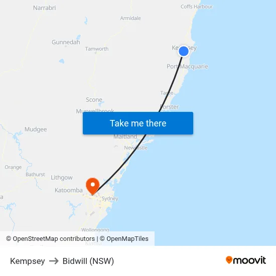 Kempsey to Bidwill (NSW) map