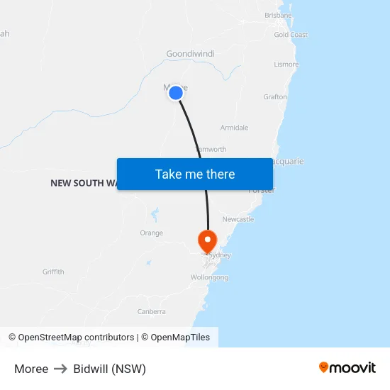 Moree to Bidwill (NSW) map