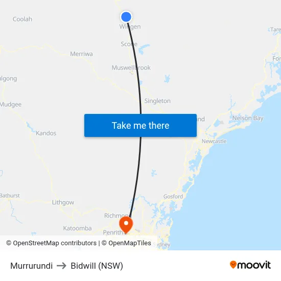 Murrurundi to Bidwill (NSW) map