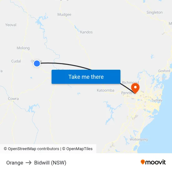 Orange to Bidwill (NSW) map