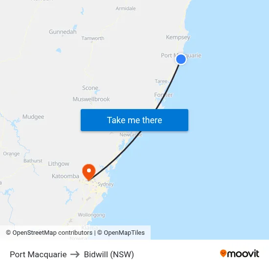 Port Macquarie to Bidwill (NSW) map