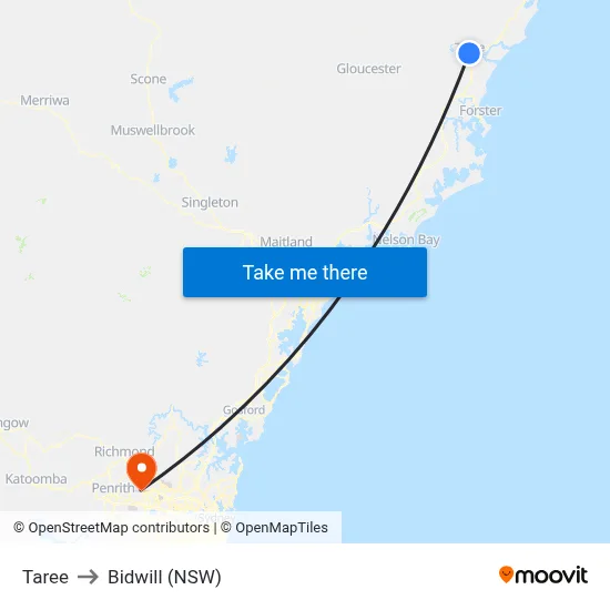 Taree to Bidwill (NSW) map