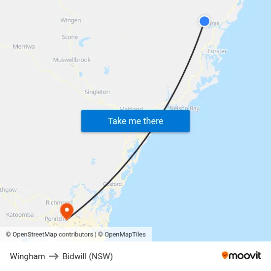 Wingham to Bidwill (NSW) map