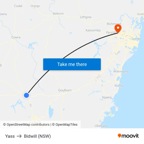 Yass to Bidwill (NSW) map