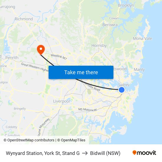 Wynyard Station, York St, Stand G to Bidwill (NSW) map