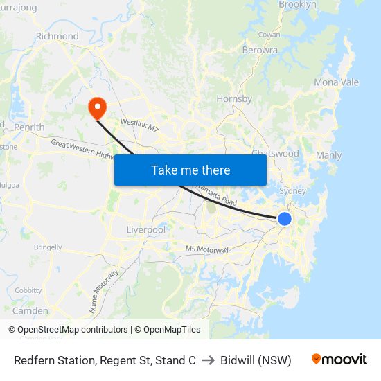 Redfern Station, Regent St, Stand C to Bidwill (NSW) map
