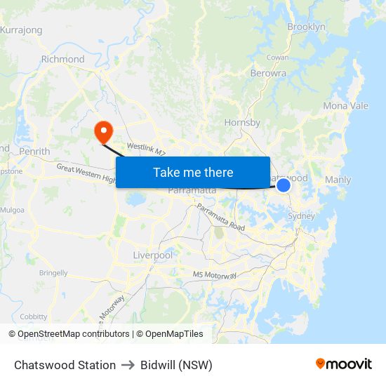 Chatswood Station to Bidwill (NSW) map