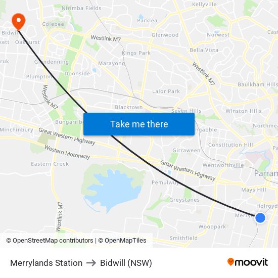 Merrylands Station to Bidwill (NSW) map
