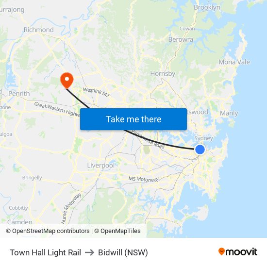 Town Hall Light Rail to Bidwill (NSW) map