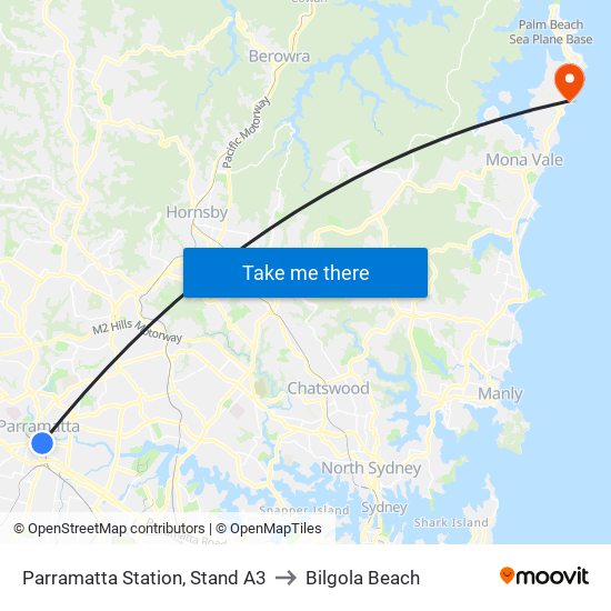 Parramatta Station, Stand A3 to Bilgola Beach map