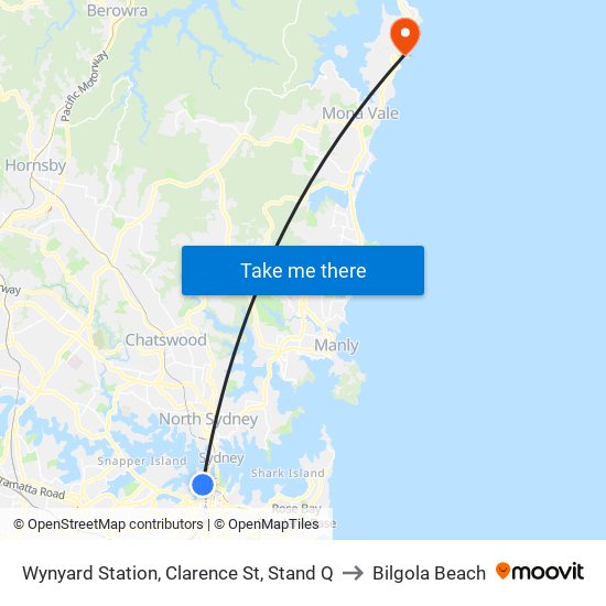 Wynyard Station, Clarence St, Stand Q to Bilgola Beach map