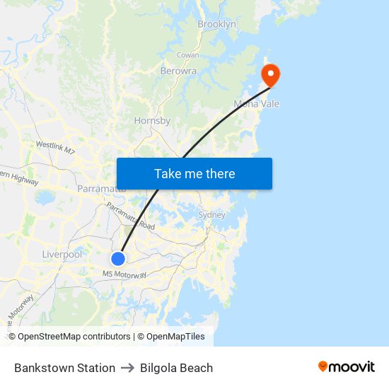 Bankstown Station to Bilgola Beach map