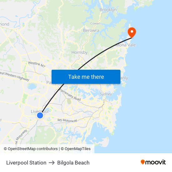 Liverpool Station to Bilgola Beach map