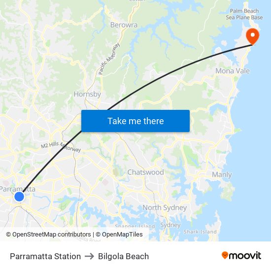 Parramatta Station to Bilgola Beach map