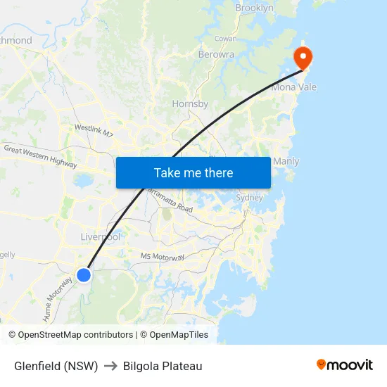 Glenfield (NSW) to Bilgola Plateau map
