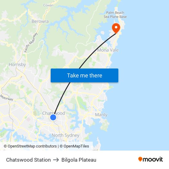 Chatswood Station to Bilgola Plateau map