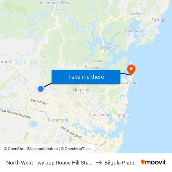 North West Twy opp Rouse Hill Station to Bilgola Plateau map