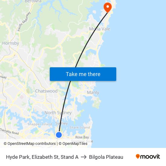 Hyde Park, Elizabeth St, Stand A to Bilgola Plateau map