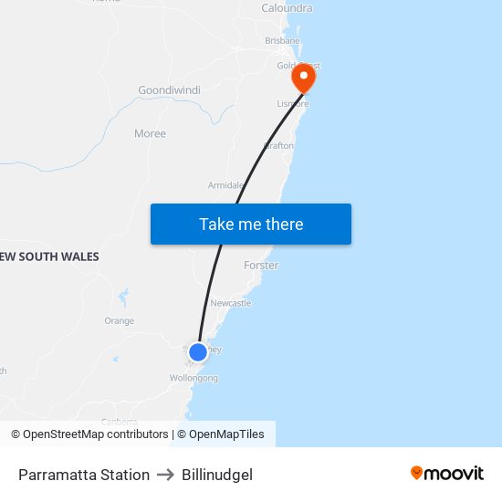Parramatta Station to Billinudgel map