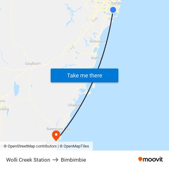 Wolli Creek Station to Bimbimbie map