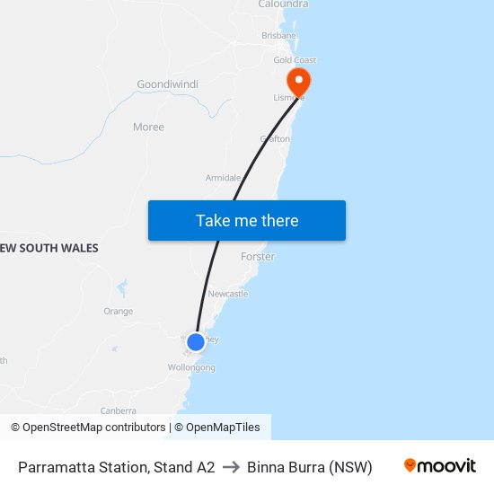 Parramatta Station, Stand A2 to Binna Burra (NSW) map