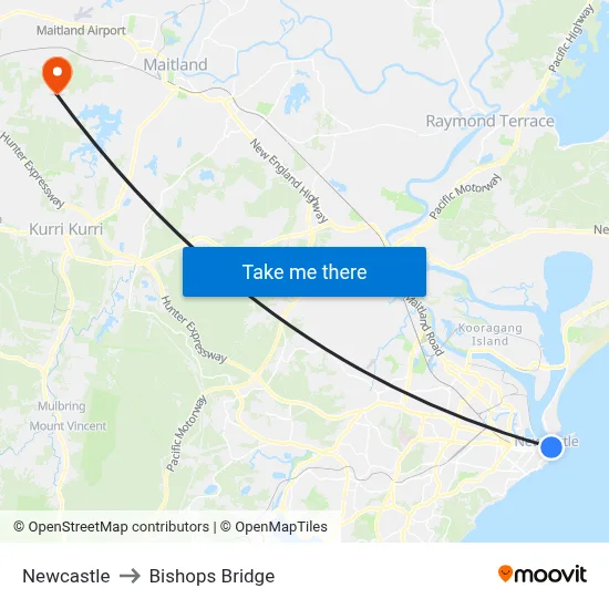 Newcastle to Bishops Bridge map
