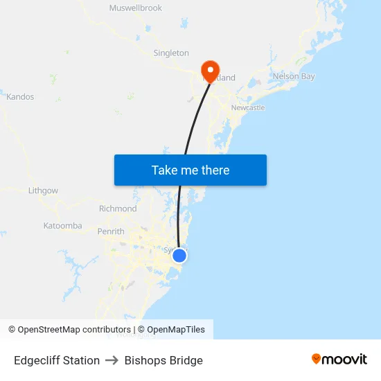 Edgecliff Station to Bishops Bridge map