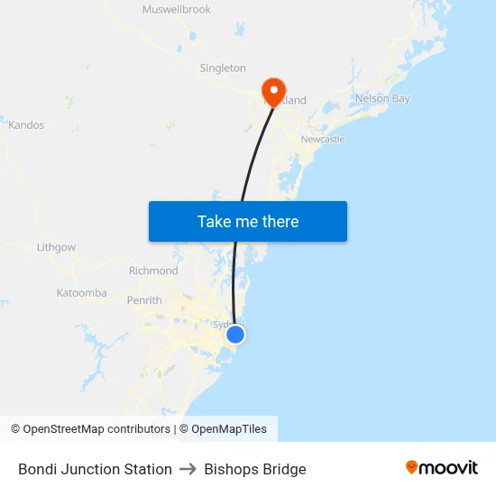 Bondi Junction Station to Bishops Bridge map