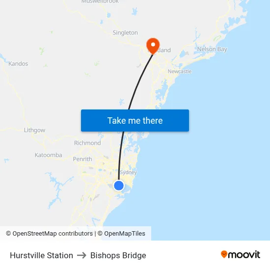 Hurstville Station to Bishops Bridge map