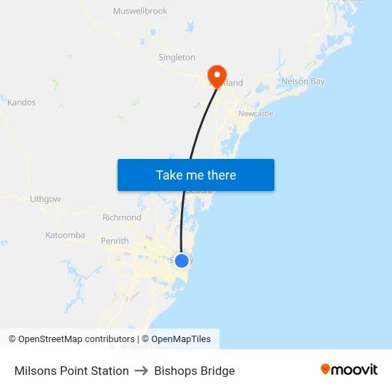 Milsons Point Station to Bishops Bridge map