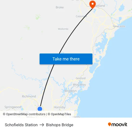 Schofields Station to Bishops Bridge map