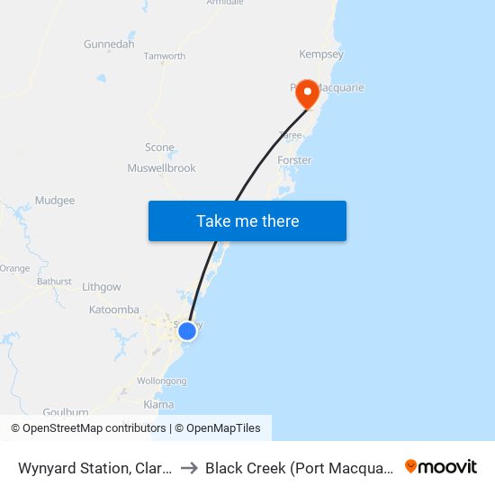 Wynyard Station, Clarence St, Stand S to Black Creek (Port Macquarie-Hastings - NSW) map