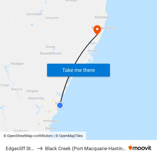 Edgecliff Station to Black Creek (Port Macquarie-Hastings - NSW) map