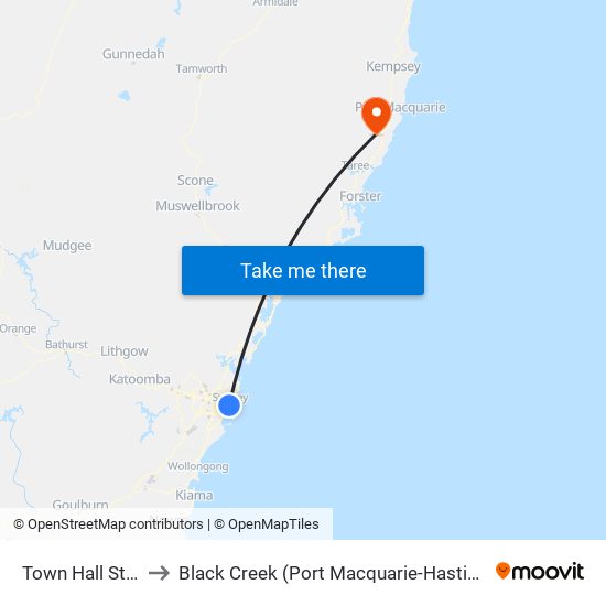 Town Hall Station to Black Creek (Port Macquarie-Hastings - NSW) map
