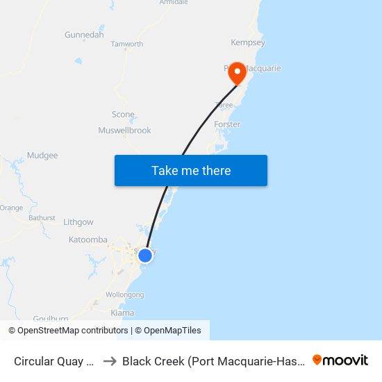 Circular Quay Station to Black Creek (Port Macquarie-Hastings - NSW) map